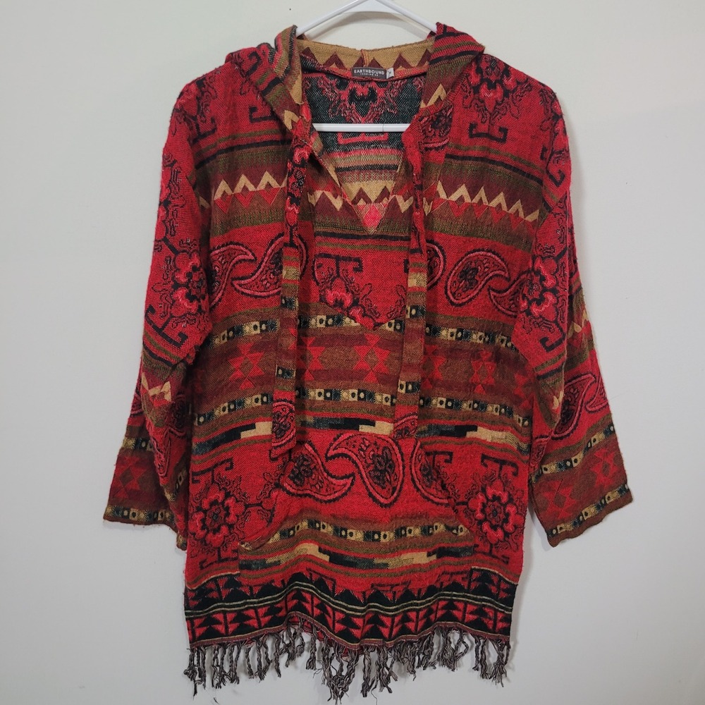 Earthbound Trading Co Size M Baja Hoodie Poncho Red Tribal Paisley Fringe Boho